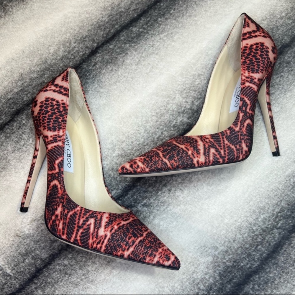 Jimmy Choo Anouk Mandarin Red Mix Snake Printed Fabric Pumps Heels - Picture 2 of 11